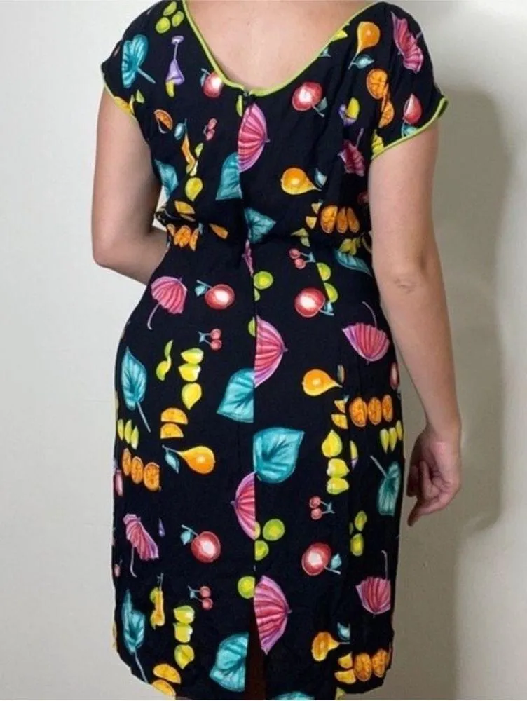 Vintage 90s Fruit Mini Dress Subtle Cocktail Print Bodycon Neon Colors Bright 10 Black - Image 13