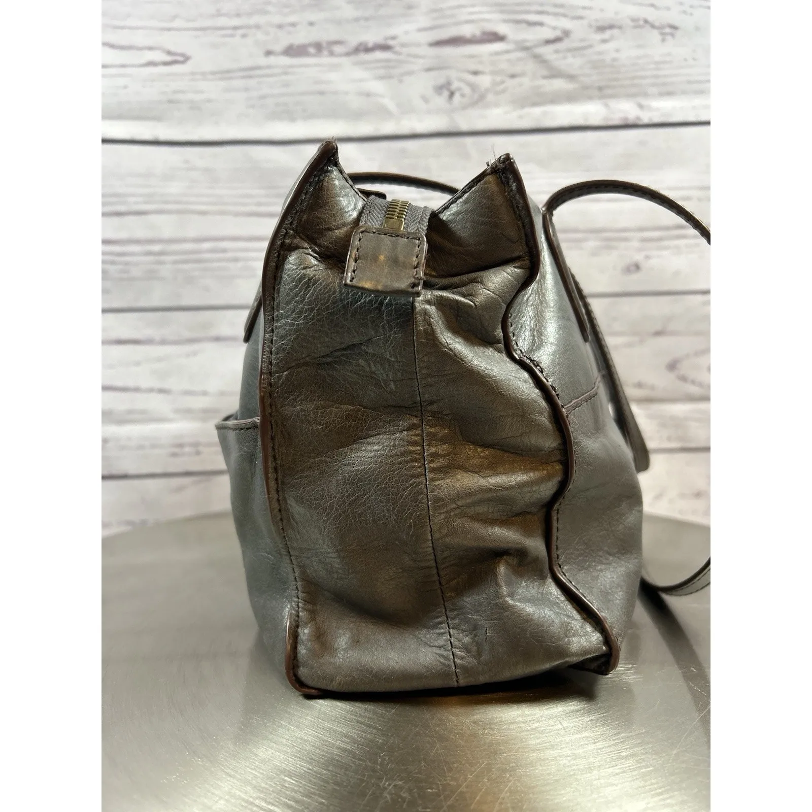 Hobo International Friar Gray Leather Carryall Tote Shoulder Bag Satchel Purse - Image 4