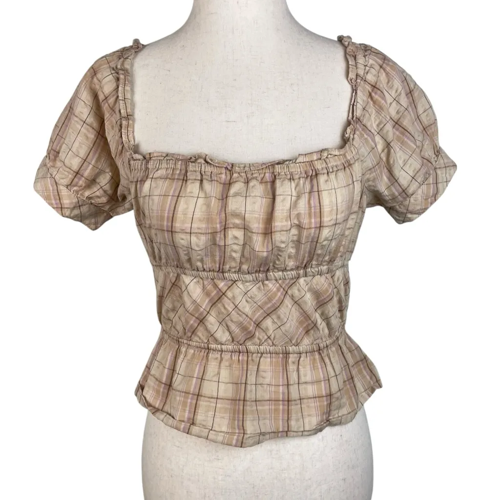 Sim & Sam Puff Sleeve Smocked Top Tan Plaid Size XS Cotton Milkmaid Cottagecore - Image 10