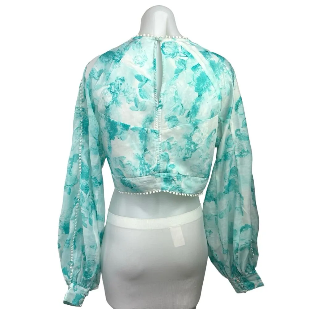 ASOS Blue Floral Tie Dye Print Tie Front Long Puff Sleeve Crop Blouse Top Sz 14 - Image 7