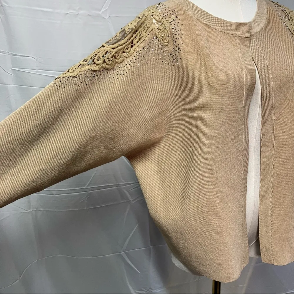 Liv Milano Tan Cardigan cutout floral design sequins Embellished Cardigan Knit L Size L - Image 6