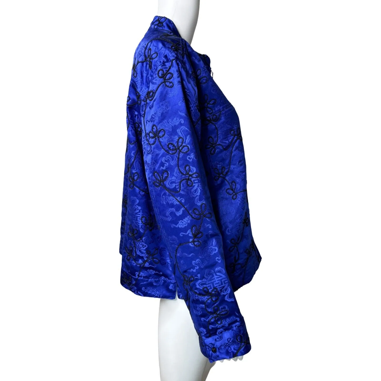 Chicos Jacket Women XL Royal Blue Black Swirl Silk Zip Up Colorful Office Preppy - Image 3
