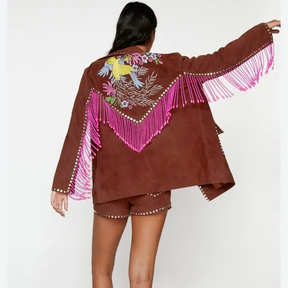 Nasty Gal Womens Real Suede Embroidered Back Fringe Jacket - Image 2