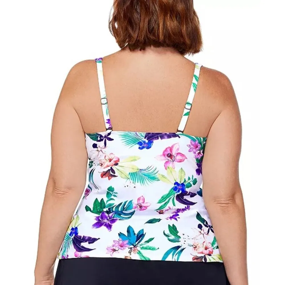 Island Escape Floral Printed Monterey Underwire Shirred Tankini Swim Top 20W White - Image 2