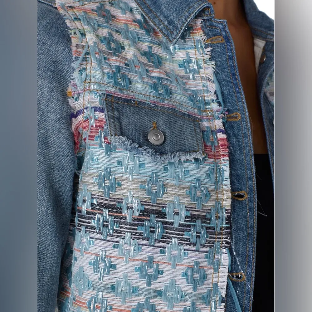 Ramy Brook  Murray Embellished Tweed Denim Jacket Metallic Patchwork Pattern sz L - Image 4