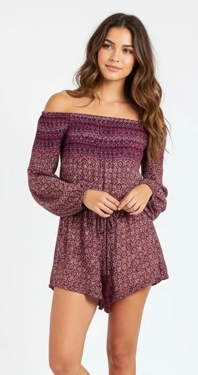 Anna Grace Off the Shoulder Romper Size M Purple Floral Long Sleeve Boho Hippie - Image 1