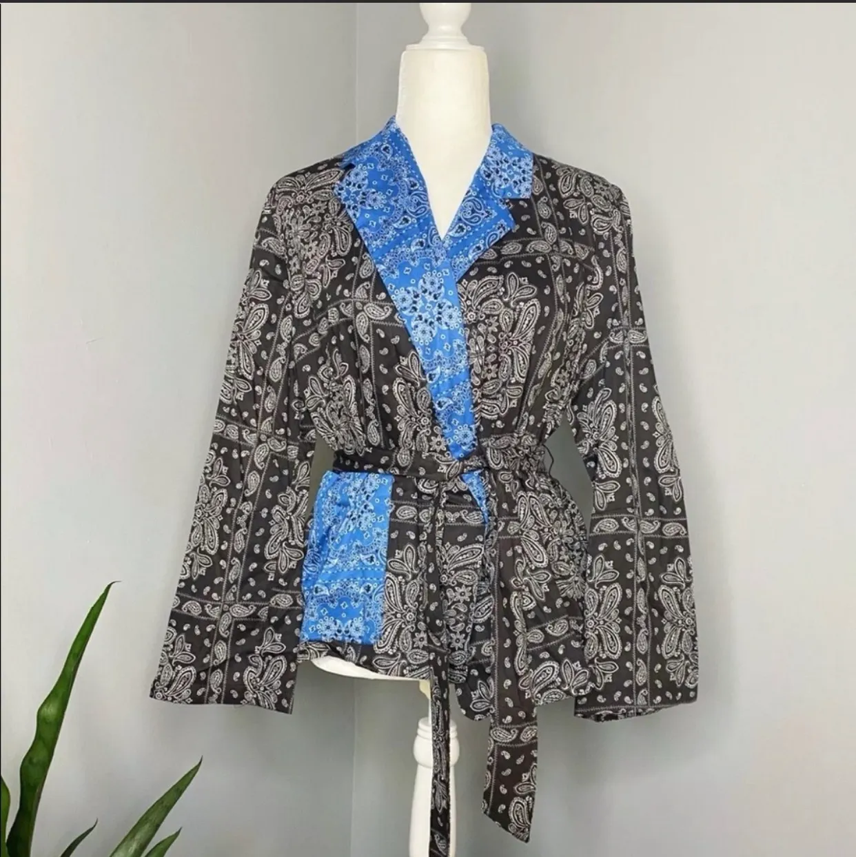 Black Blue Printed Wrap Blouse Top - Image 6