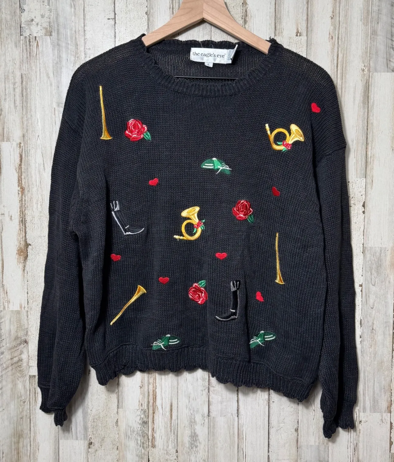 Vintage 90s Eagle's Eye Black Knit Sweater Rose Musical Instruments Womens Large - Image 1