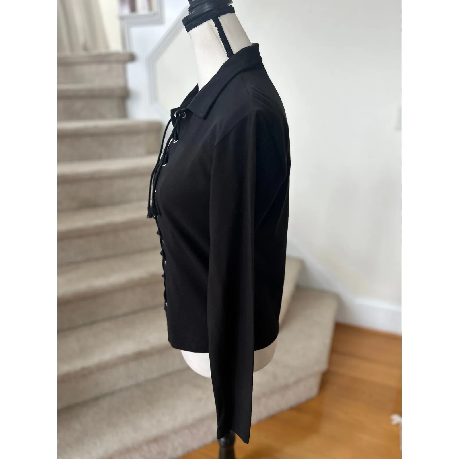 Vintage 90s Whimsygoth Fairy Grunge Black Lace Up Corset Long Sleeve T - Image 3