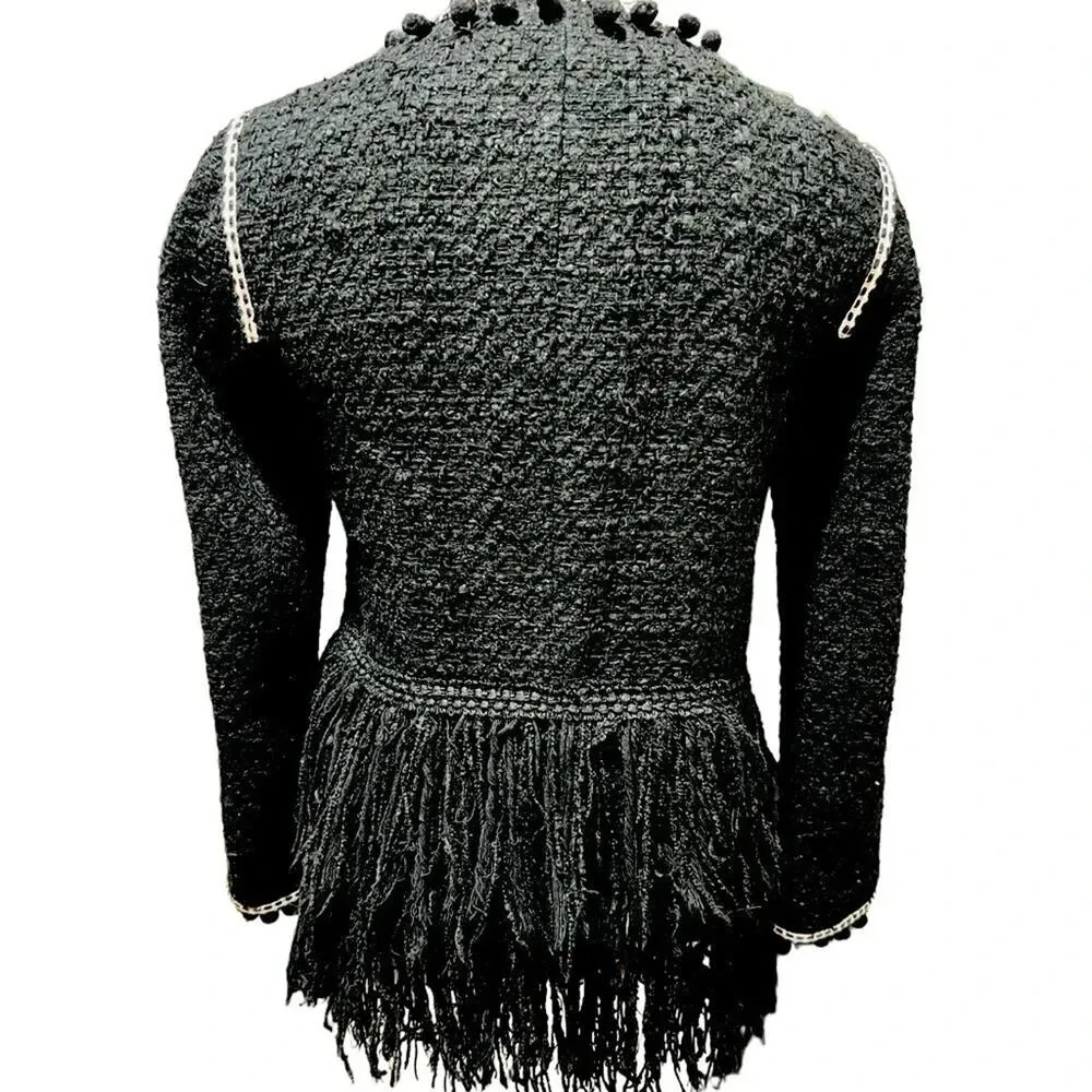 Zara Tweed Fringe Pom Pom Tassels Lined Boucle Jacket Blazer Black Size XS - Image 11