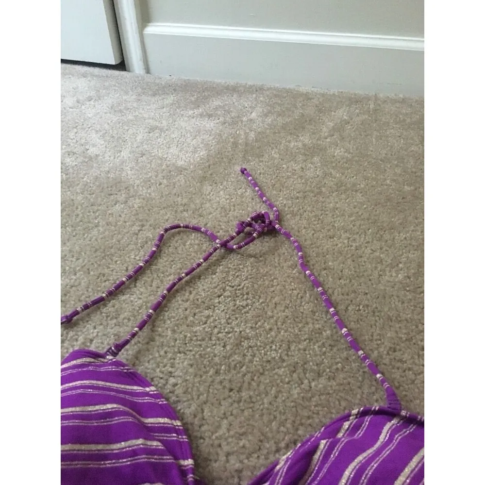 American Eagle Women's Juinors Purple Striped Swim Top Tie Neck Size Large - Image 3