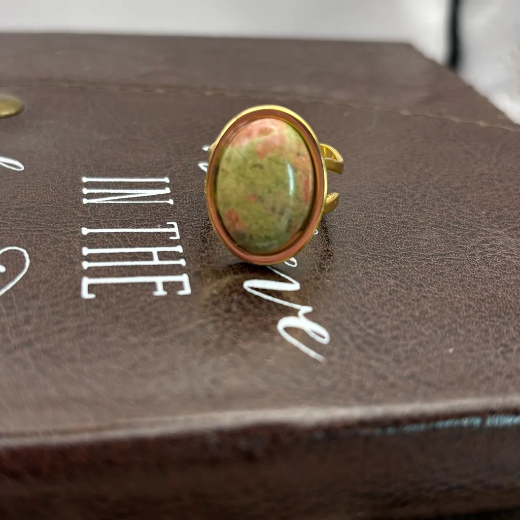 Handmade Large Oval Unakite Gemstone Ring – Adjustable Stainless Steel - Image 2