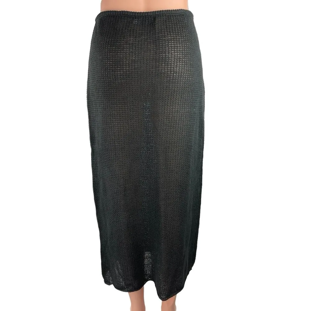 Onia Black 100% Linen Knit Crochet Low Rise Semi Sheer Pull On Midi Skirt S - Image 8