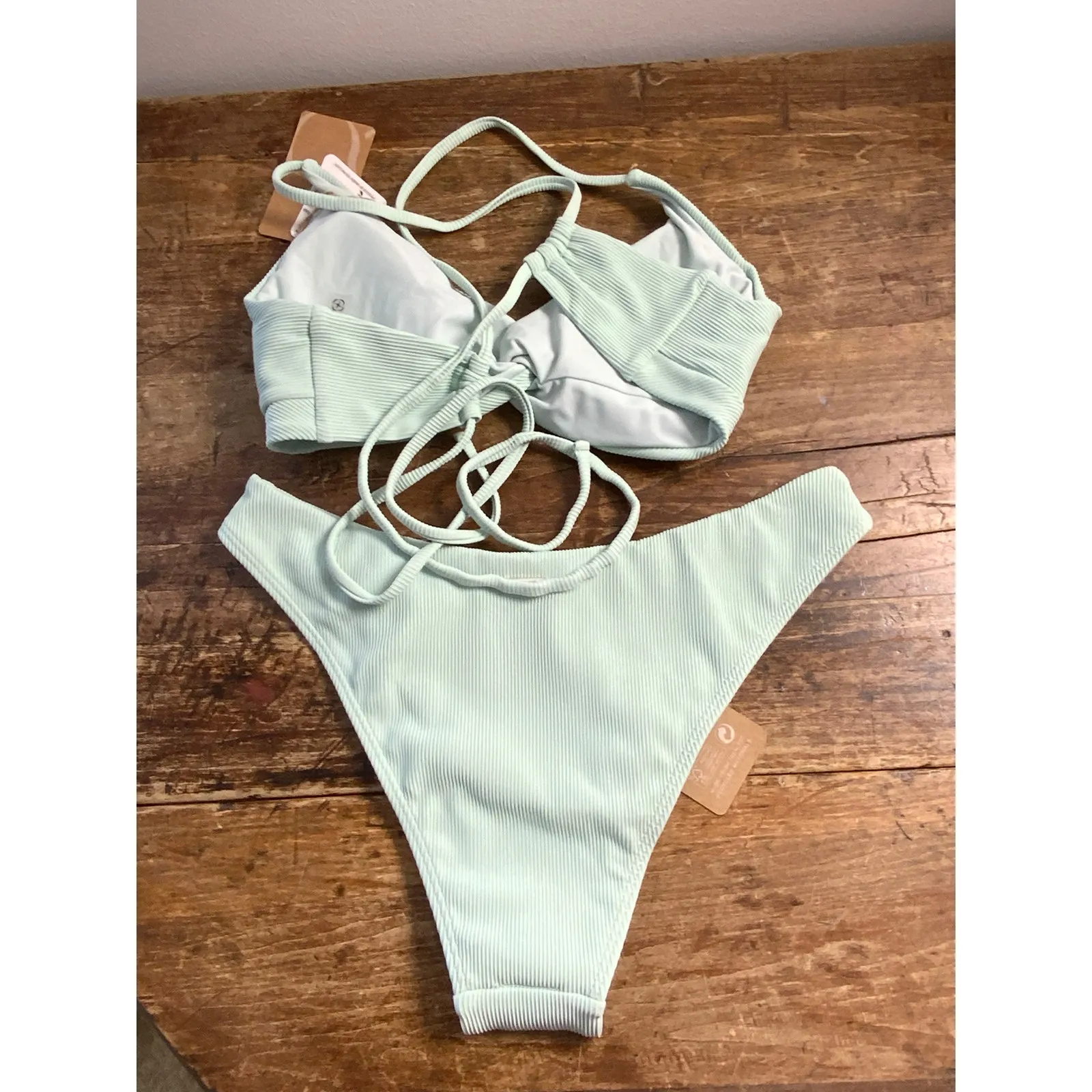 Berlook NWT Twist Backless Bikini Top and Cyan Solid‎ Low Waisted Bikini Bottom Green Size M - Image 5