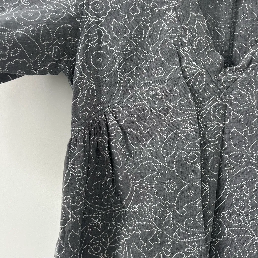 Matta Cotton Grey White Paisley Boho V Neck Casual Cottagecore Mini Dress M Gray Size M - Image 4