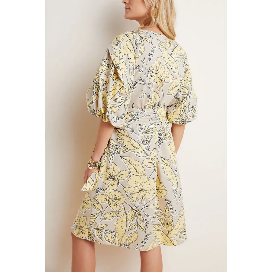 Anthropologie Josephine Puff Sleeve Button Cotton Midi Dress Floral Yellow XL - Image 12