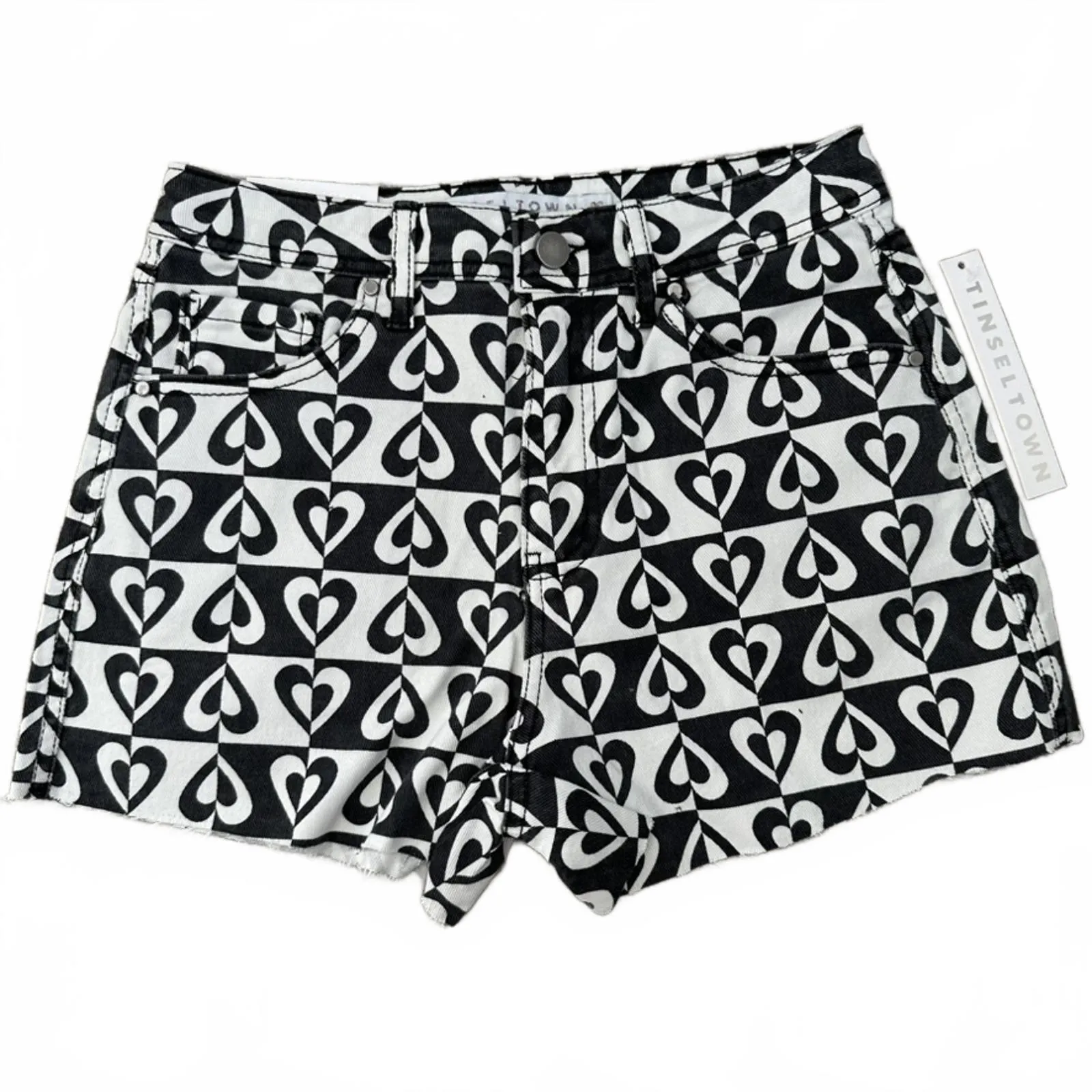Tinseltown Print Relaxed Denim Shorts Black White Checker Heart NWT Size 3/26 - Image 3