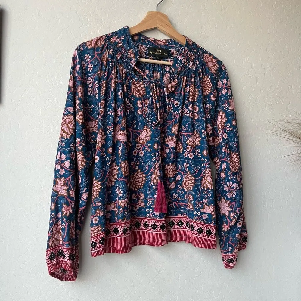 Nat by Natalie Martin Blue‎ Floral Print Tassel Peasant Blouse Size Small - Image 4