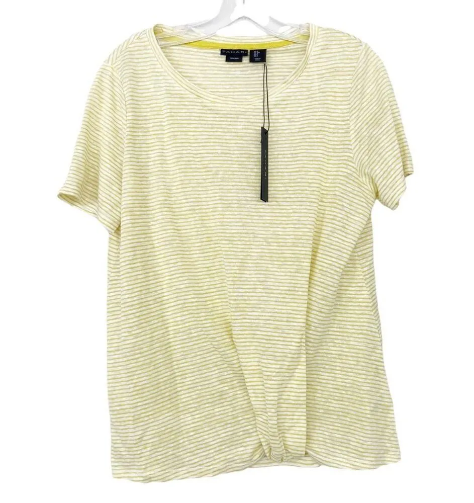 Tahari 100% Linen Yellow Striped Short Sleeve Shirt Sz S - Image 5