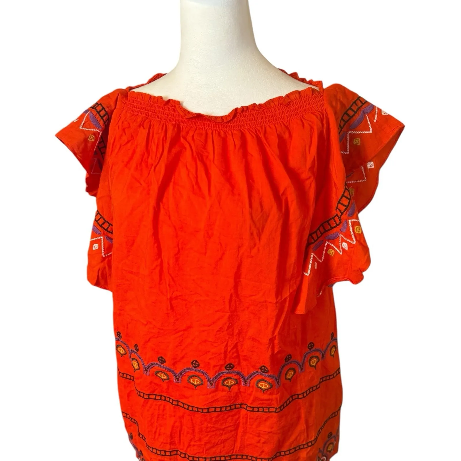 For The Republic Orange Boho Embroidered Short Sleeve Top Large Aztec Flowy NWT - Image 4