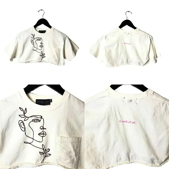 Lovely Jean A Work Of Art T Shirt Girl Illustration Pocket Raw Hem Graphic Tee Size XS - Image 2