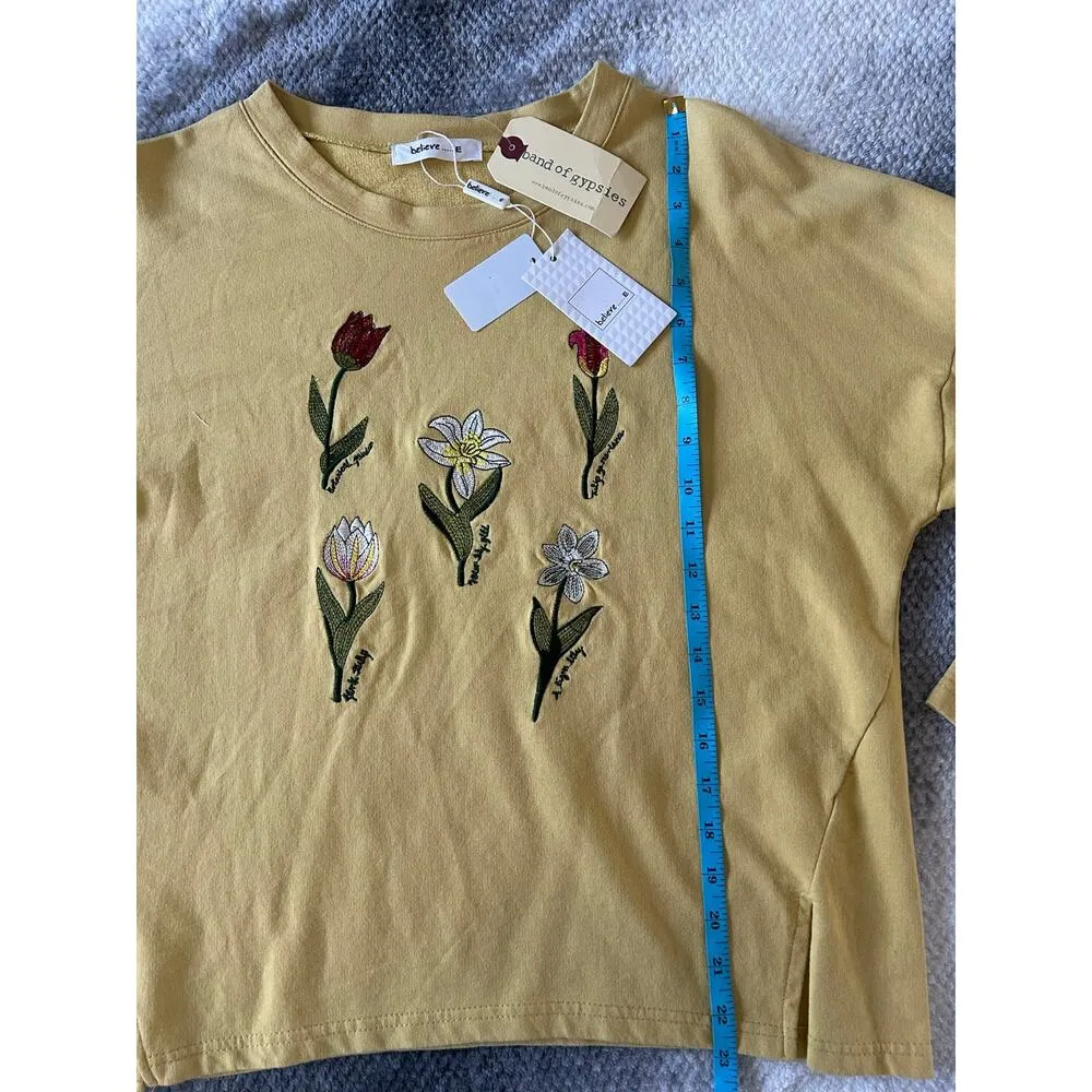 Believe... Floral Embroidered 3/4 Sleeve Cut Out Arm Tie Yellow Sweater Size XL - Image 7