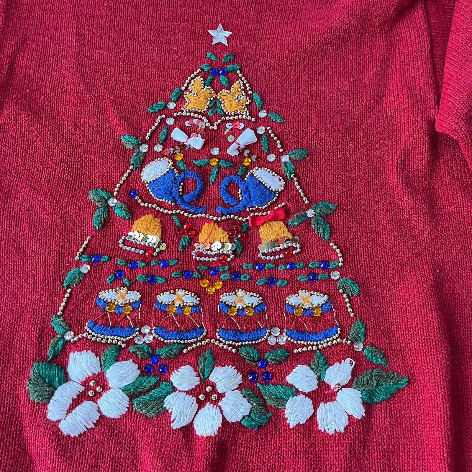 Ugly Christmas Sweater Sz 14/16 Jacque Koko Y2K 12 Days Tree Beading Embroidery Red - Image 2