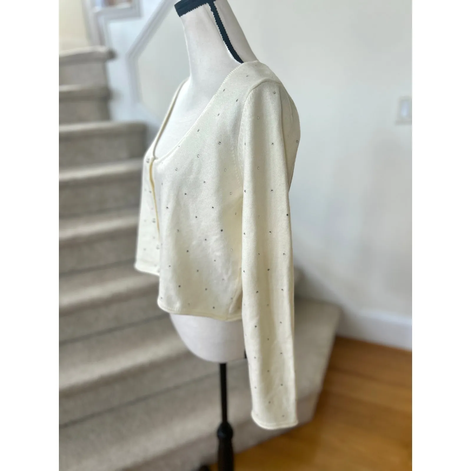 ASOS Cream White Scoop Pearl Button Rhinestone Sparkle Cardigan Coquette - Image 3