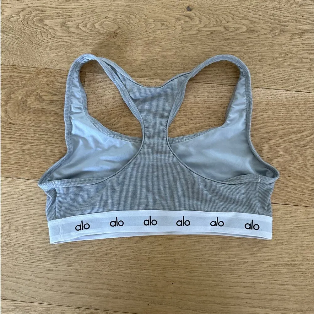 Alo Yoga  - Ribbed Henley Bra Top in Gray & White - Image 2