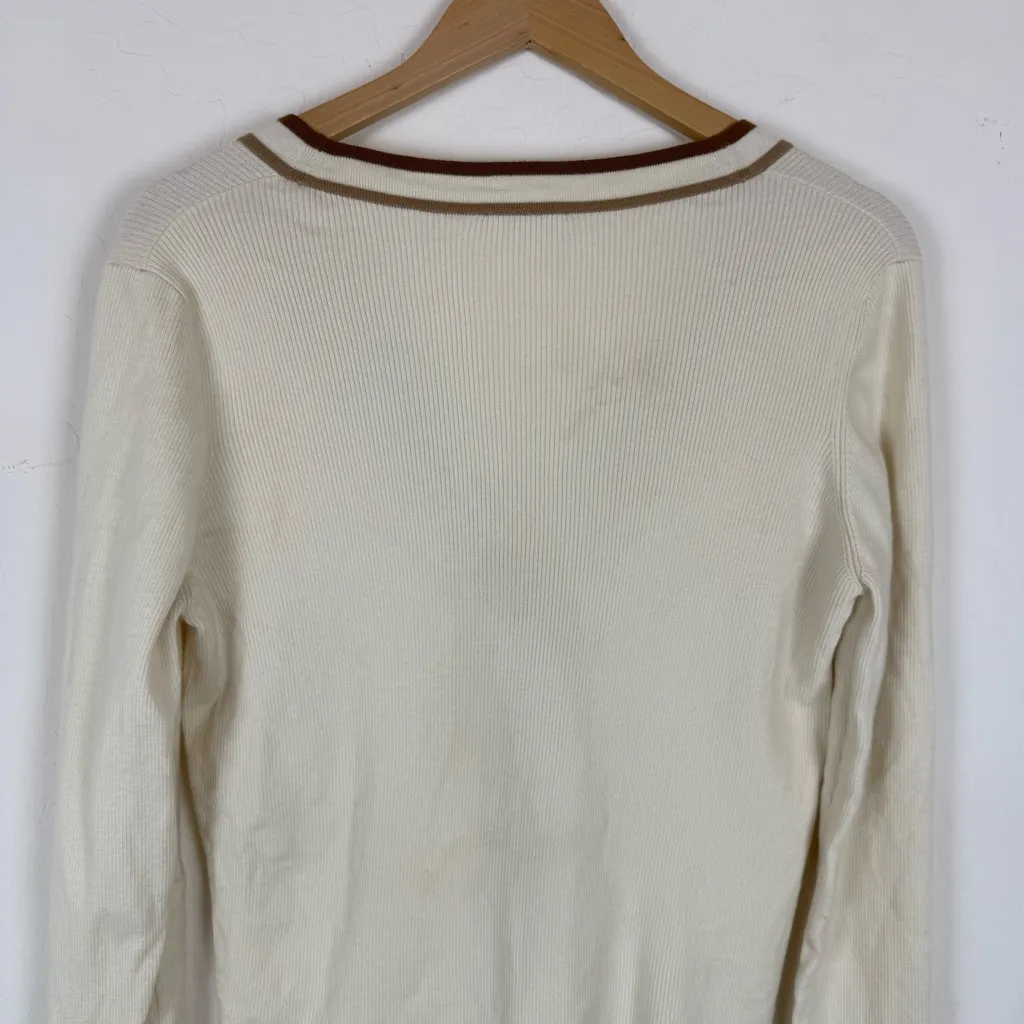 Akris Punto Cream V-Neck Button Down Sweater 100% Virgin Wool Stripes - Image 8