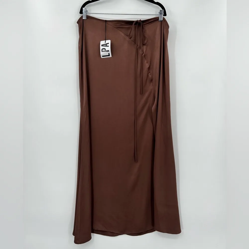 🆕 NWT LPA Revolve Hanson Midi Skirt Satin Cut Out Tie Split Chocolate Brown XL - Image 6