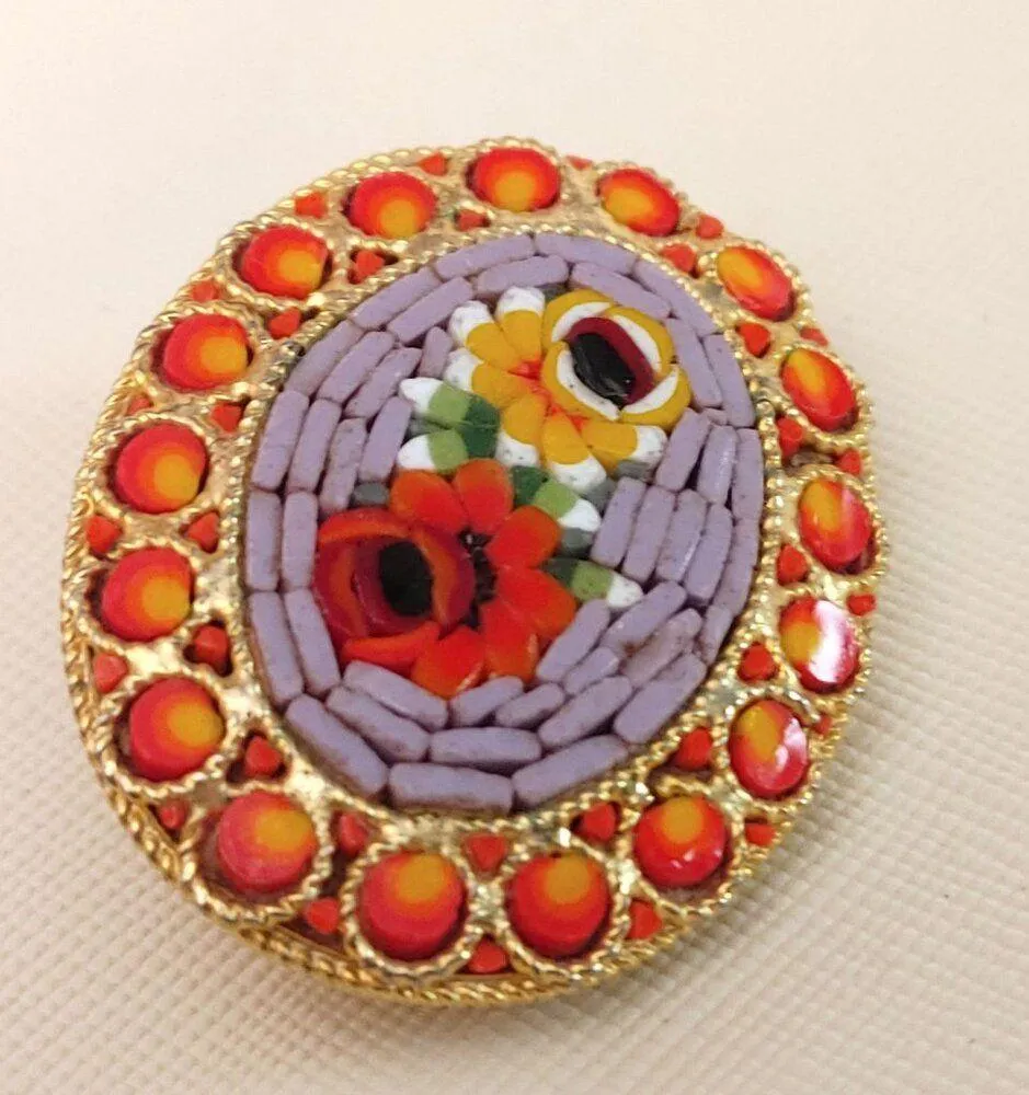Vtg Italian Micro Mosaic Floral Oval Brooch Red Yellow Accents Gold Tone Pin - Image 12