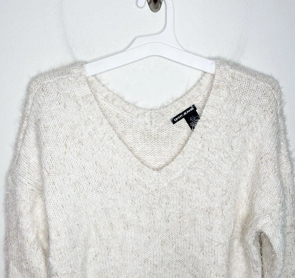 DKNY eyelash metallized v-neck plush sweater cream and gold size S - Image 3