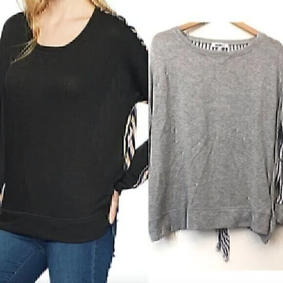 WILLIAM RAST Plus Size Gray Blue White Stripe Long Sleeve Tie Back Knit Top 1X - Image 2