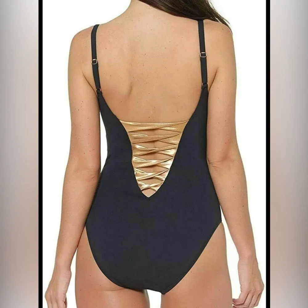 Bleu Rod Beattie Twisted-Front One-Piece Swimsuit Black Gold- Size 8 - Image 4