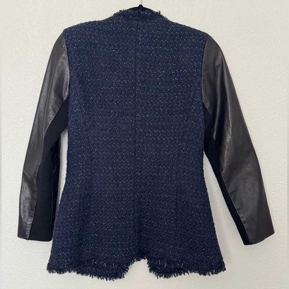 Rebecca Taylor genuine leather sleeves navy metallic tweed blazer - Image 2