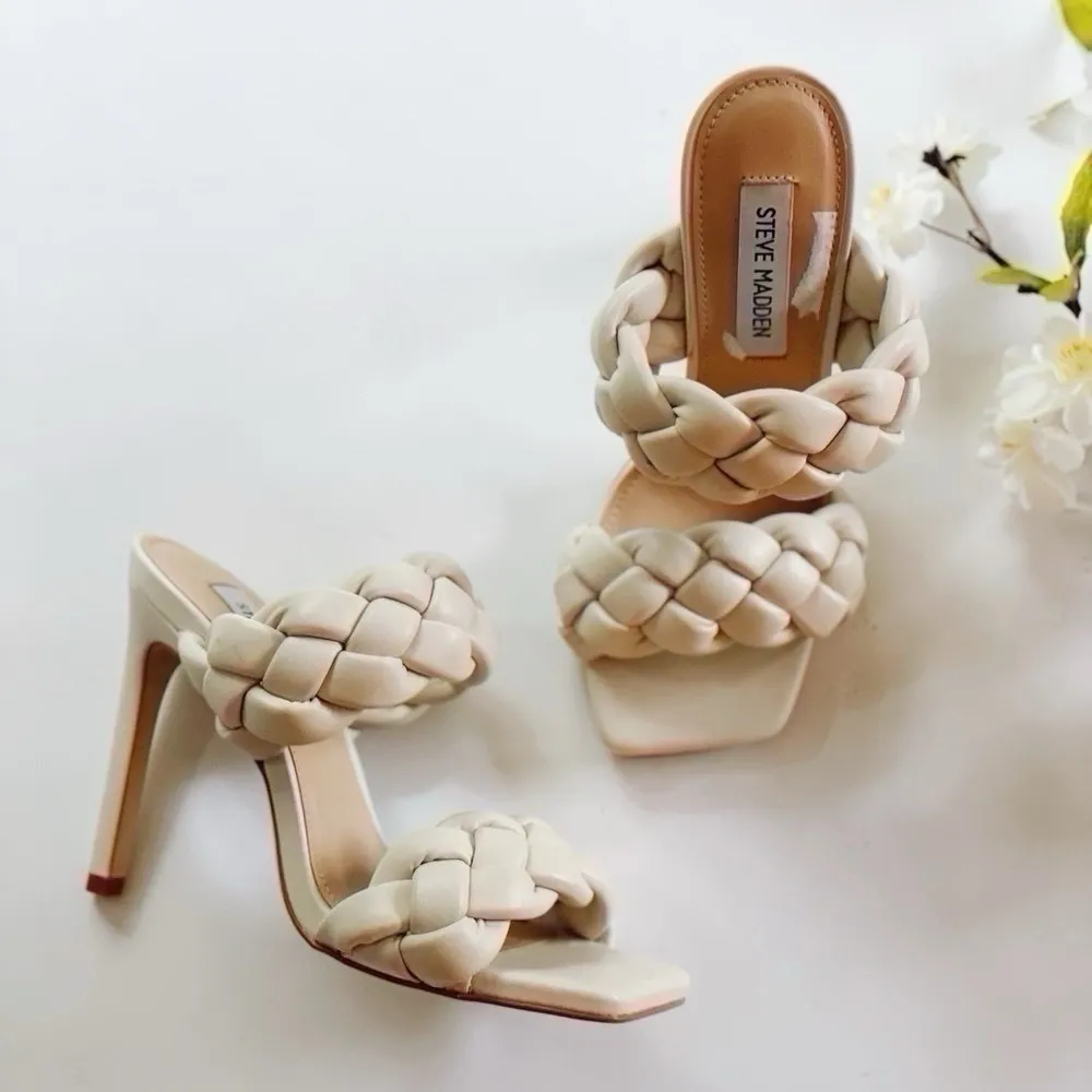 Steve Madden Kenley Plaited Heeled Mules in Off White Sandals Shoes - Image 6