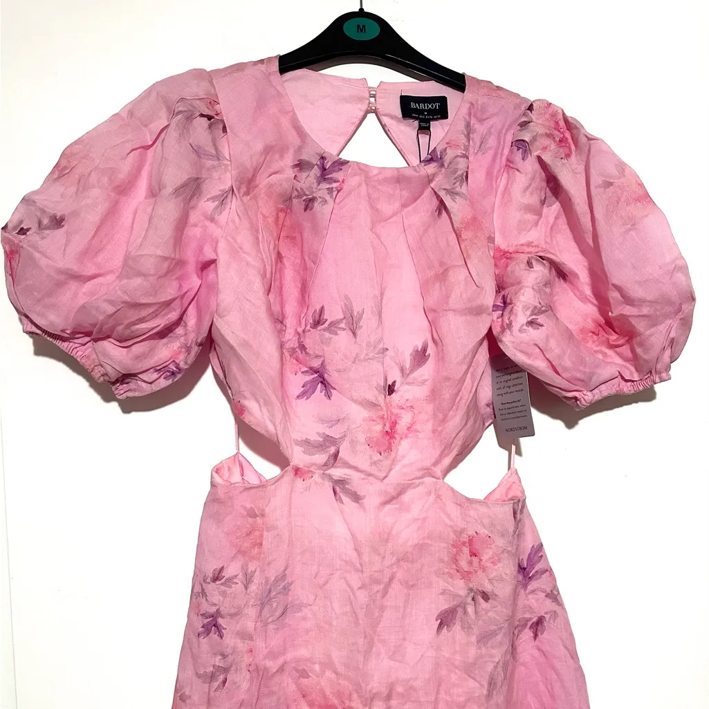 NWT Bardot Malina Floral Midi Dress Pink Flora Cutout Puff Sleeve Size 6 - Image 9