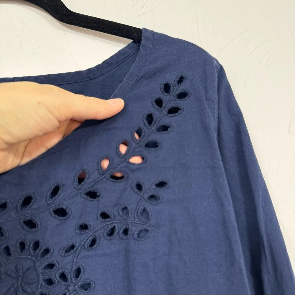 Lucky Brand Navy Blue Eyelet Blouse Womens L Boho Peasant Crochet Long Sleeve - Image 8