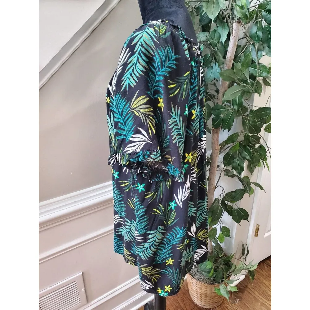 Terra & Sky Black Green Rayon Round Neck Short Sleeve Button Down Shirt Size 2X - Image 5