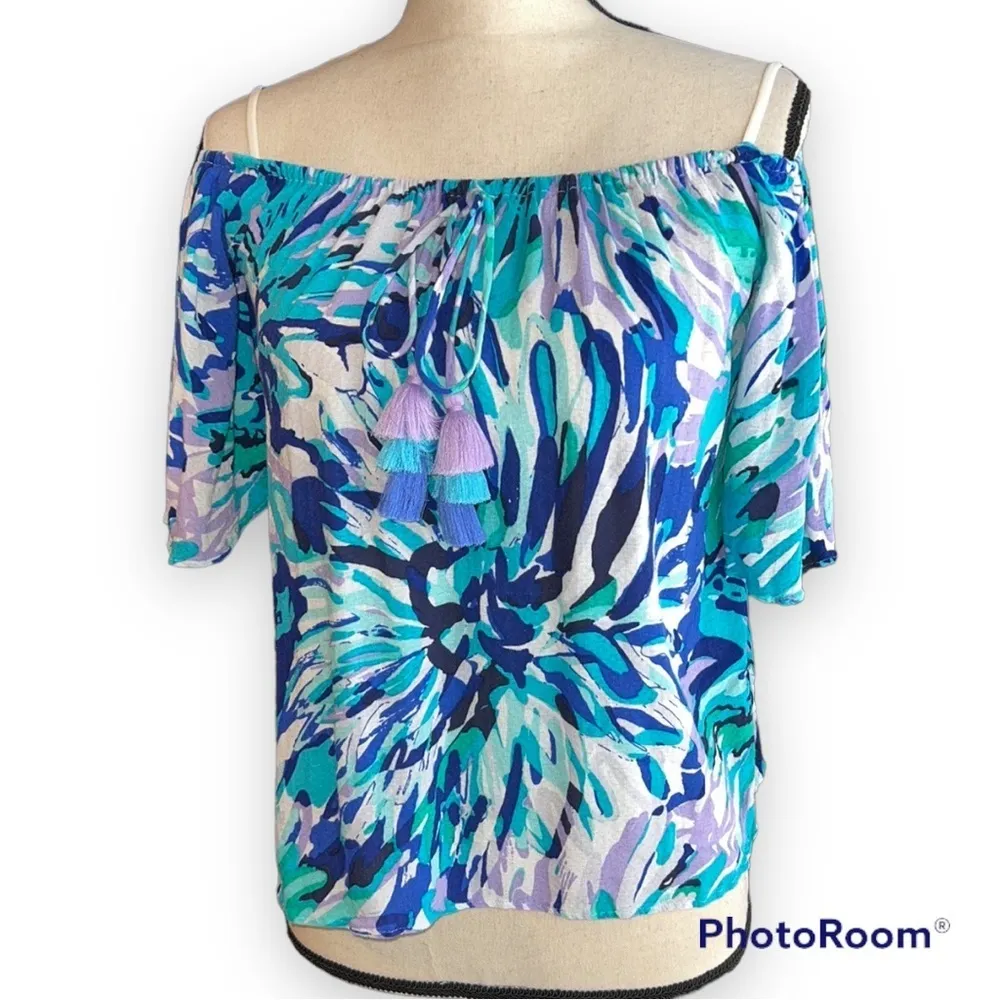 Lilly Pulitzer XXS womens off the shoulder blouse tropical print blues purples - Image 10