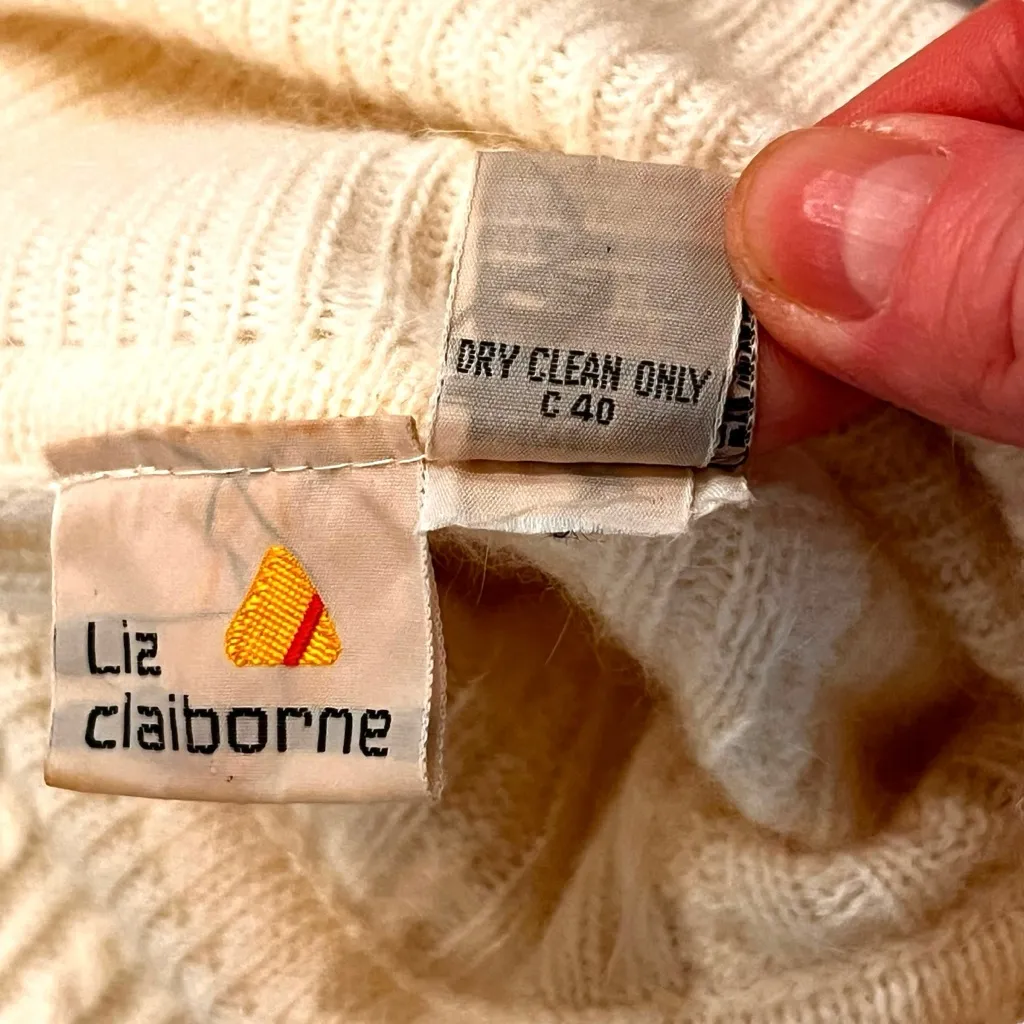 Vtg 80s Liz Claiborne Sweater Womens M Ivory Lambswool Angora Blend Turtleneck - Image 4