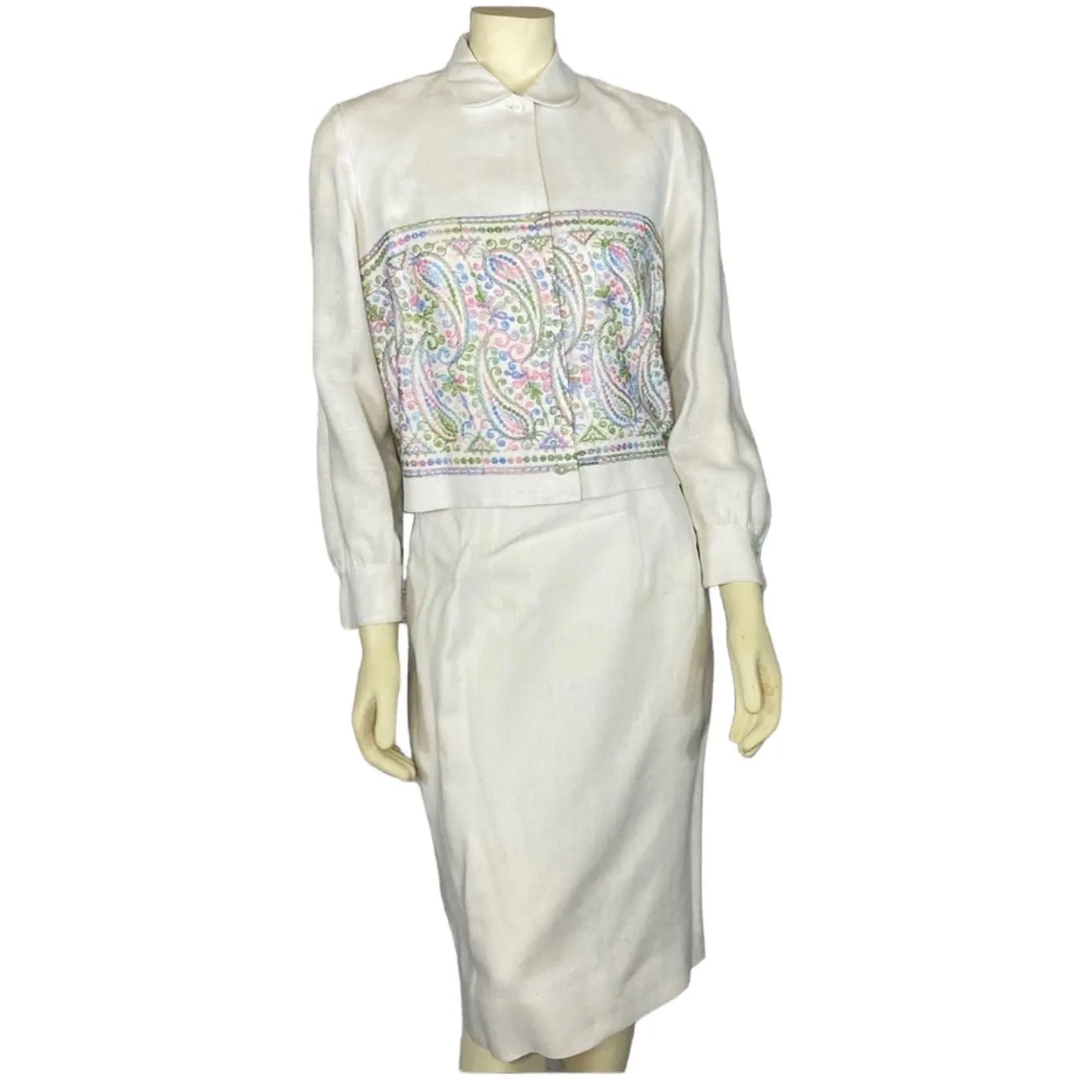 Anne Fogarty x Kassel Boutique Embroidered Linen Skirt Suit 1960s medium White - Image 2