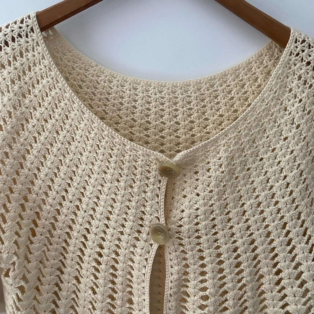 Vintage Crochet Open Knit Cardigan Sweater Medium Cream Ivory Button Up Handknit White - Image 3