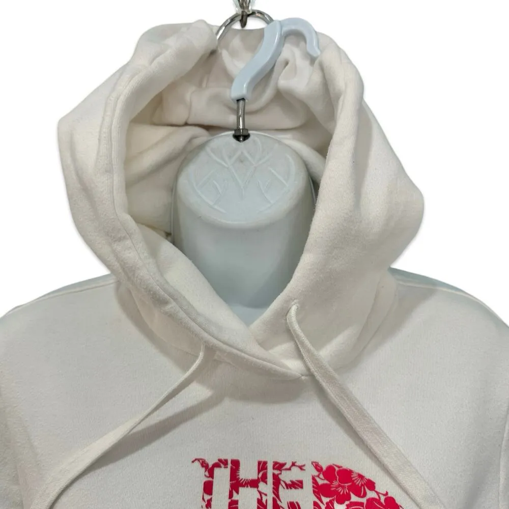 North Face White Pink Hibiscus Floral Logo Hoodie Hooded Sweatshirt Size XS - Image 8
