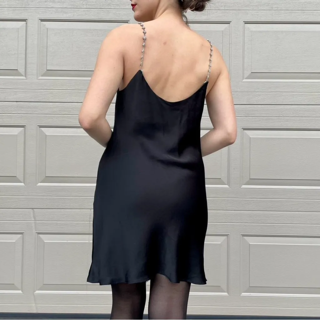 Zara Black Satin Crystal Embellished Going Out Fancy Cocktail Mini Slip Dress Sm - Image 2