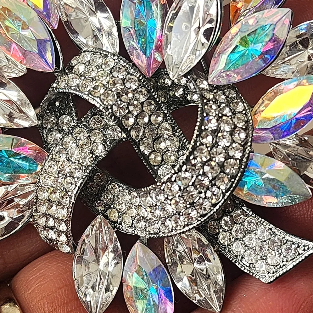 Large Statement Silver Iridescent Crystal Stones Brooch Pin - Image 3