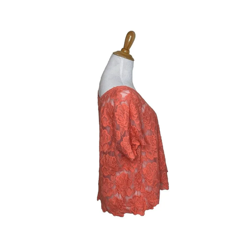 Torrid Blouse Orange Coral Lace Embroidered Cap Sleeve Scoop Neck Sheer 0 = 10 - Image 6