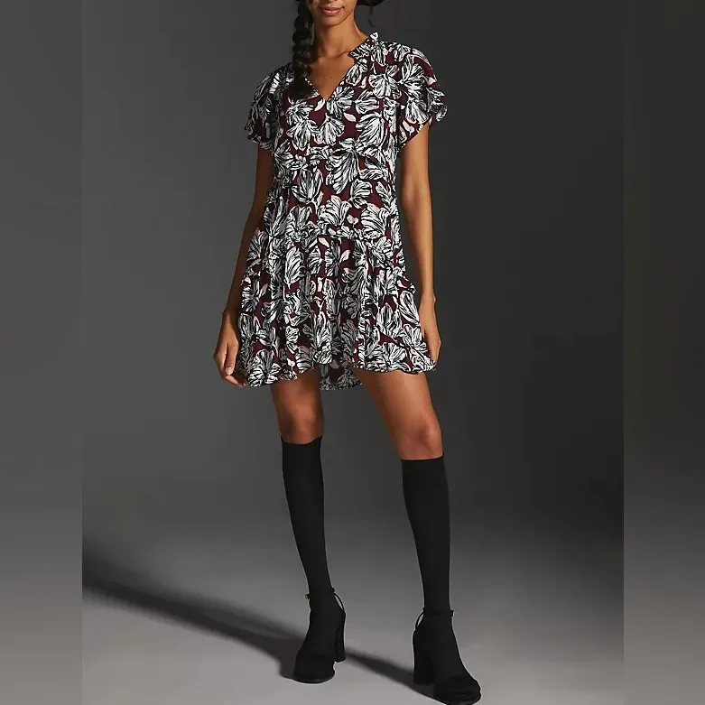 Anthropologie Women’s Robin Floral Wine Burgundy Print Ruffle Tiered Mini Dress - Image 8
