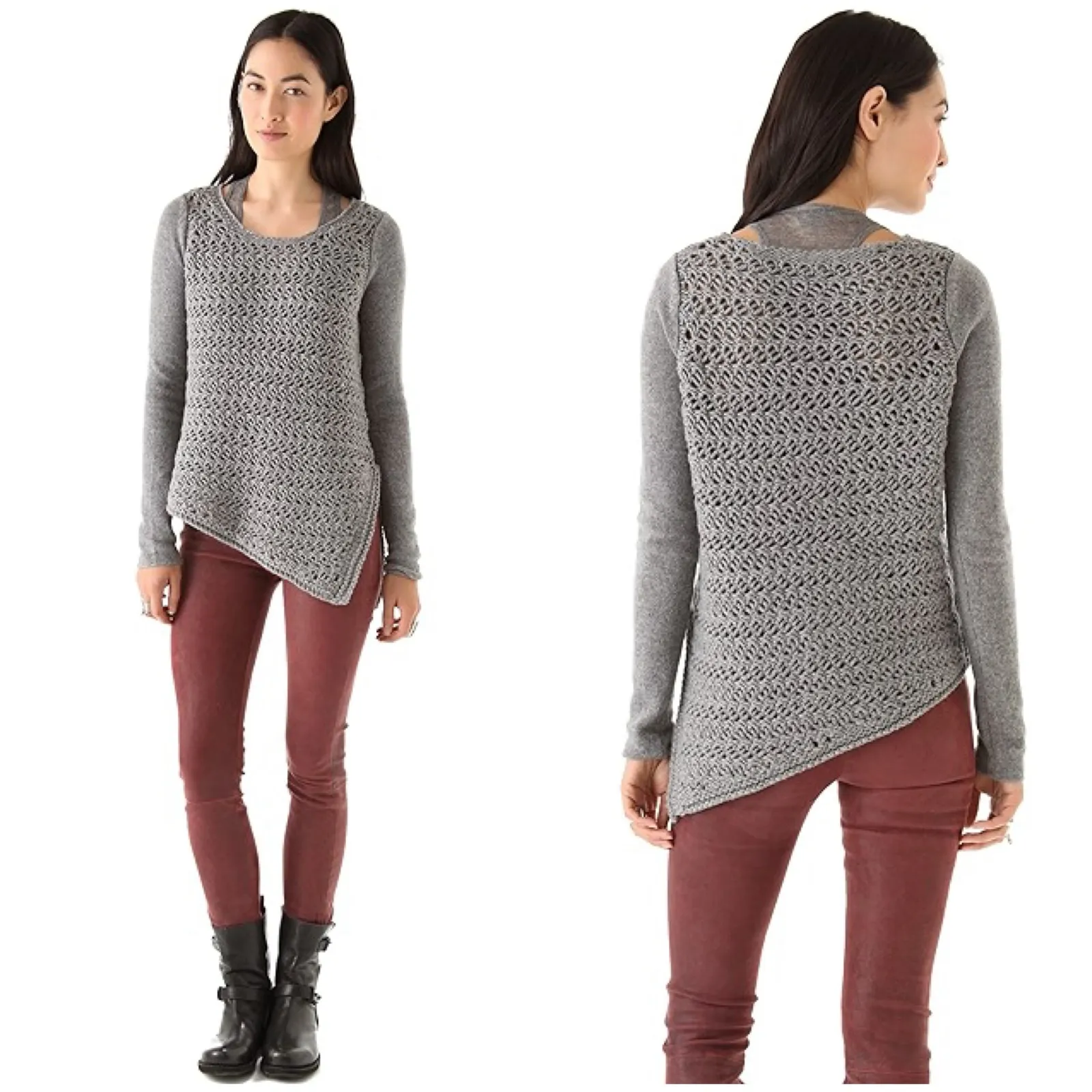 HELMUT LANG Asymmetrical Open Knit Sweater Size Small Gray Wool Cashmere - Image 2